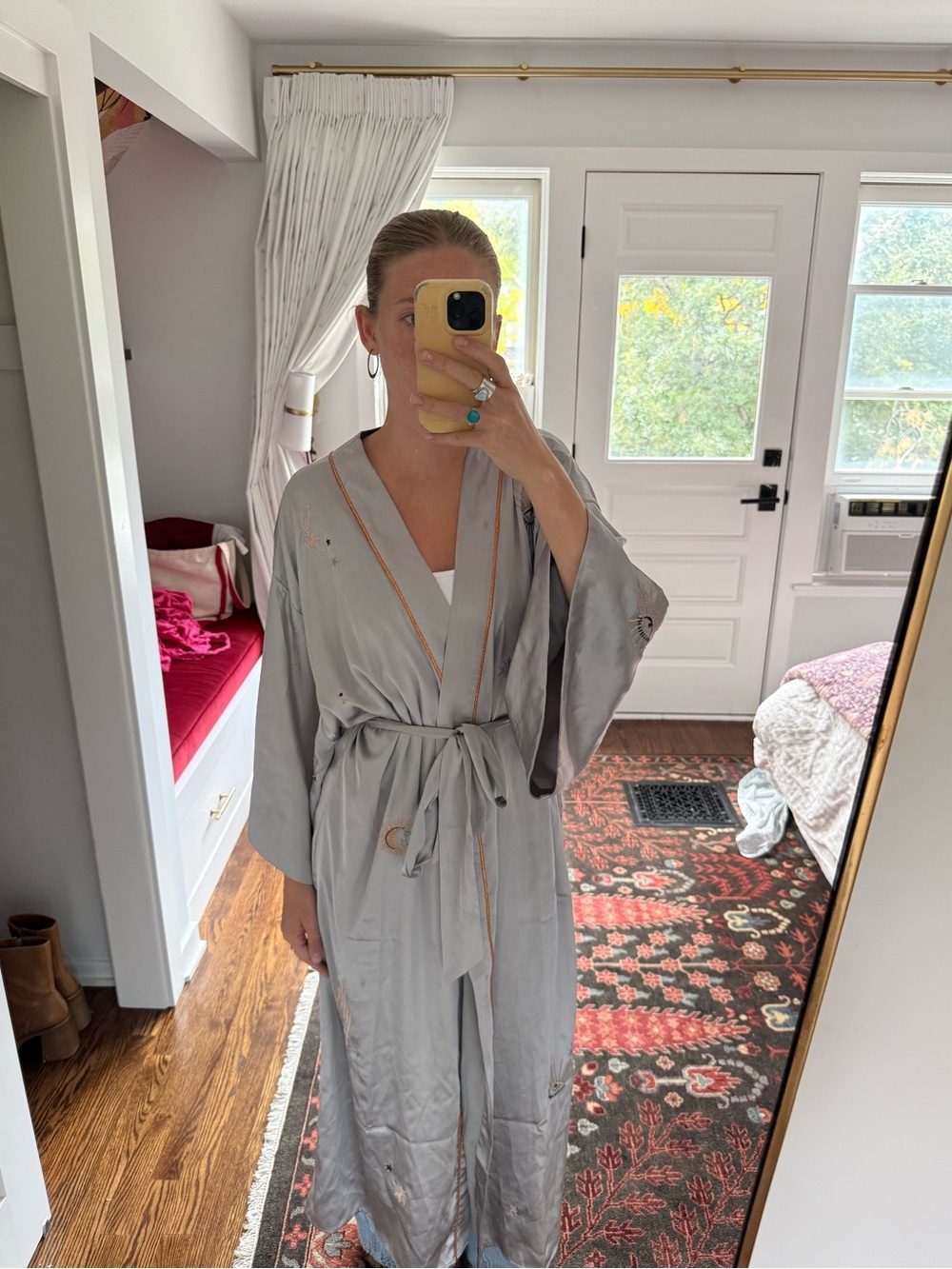 Anthropologie silver satin robe with metallic embroidery